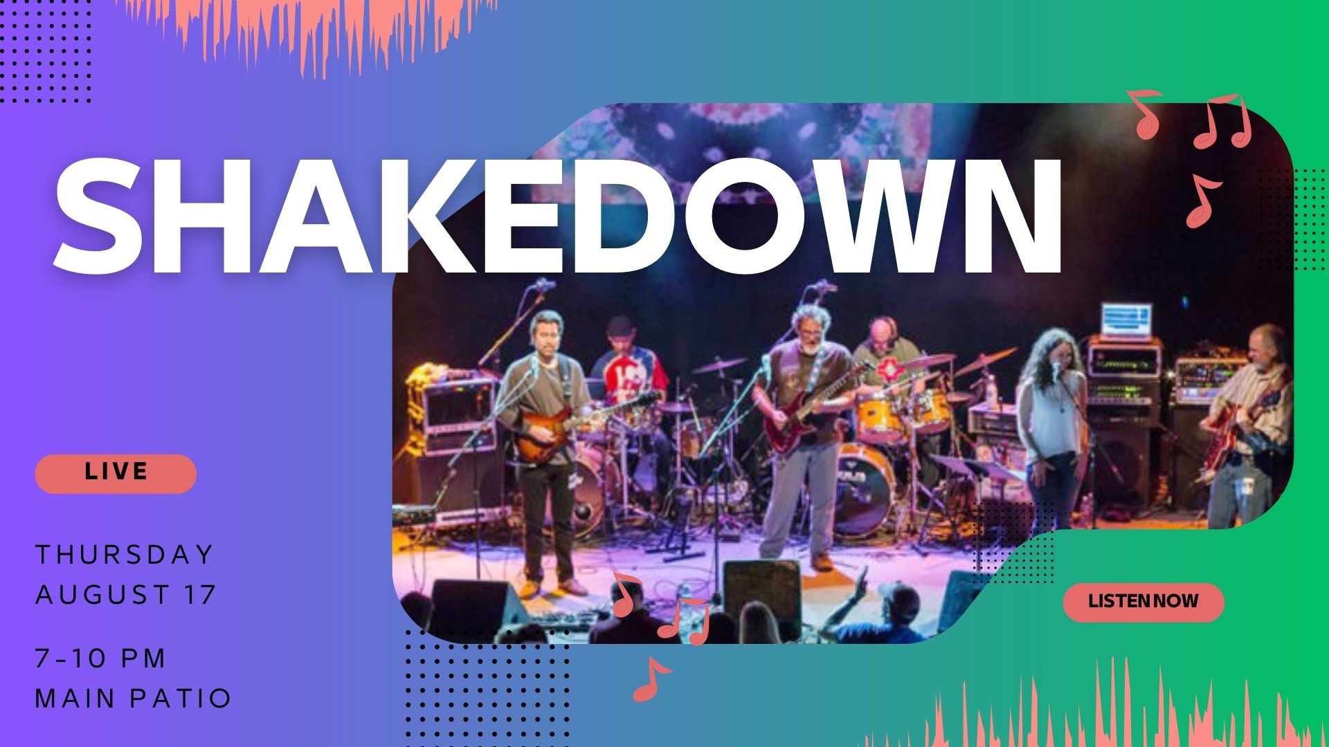 promotional graphic with photo of shakedown band on stage
